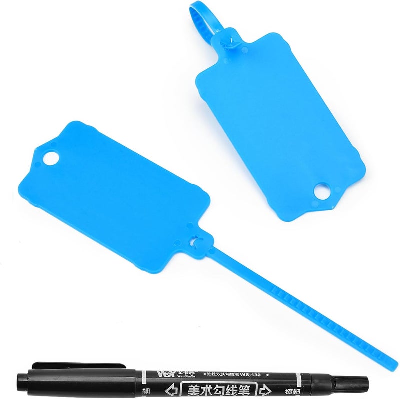 LeadSeals 100pcs Blank Plastic Tags for Labeling Reusable Hanging Tags Ties Key Tag Storage Labels Waterproof Plastic Mark Label Writable Hang Sign with One Marker Pen (Blue) - Image 1